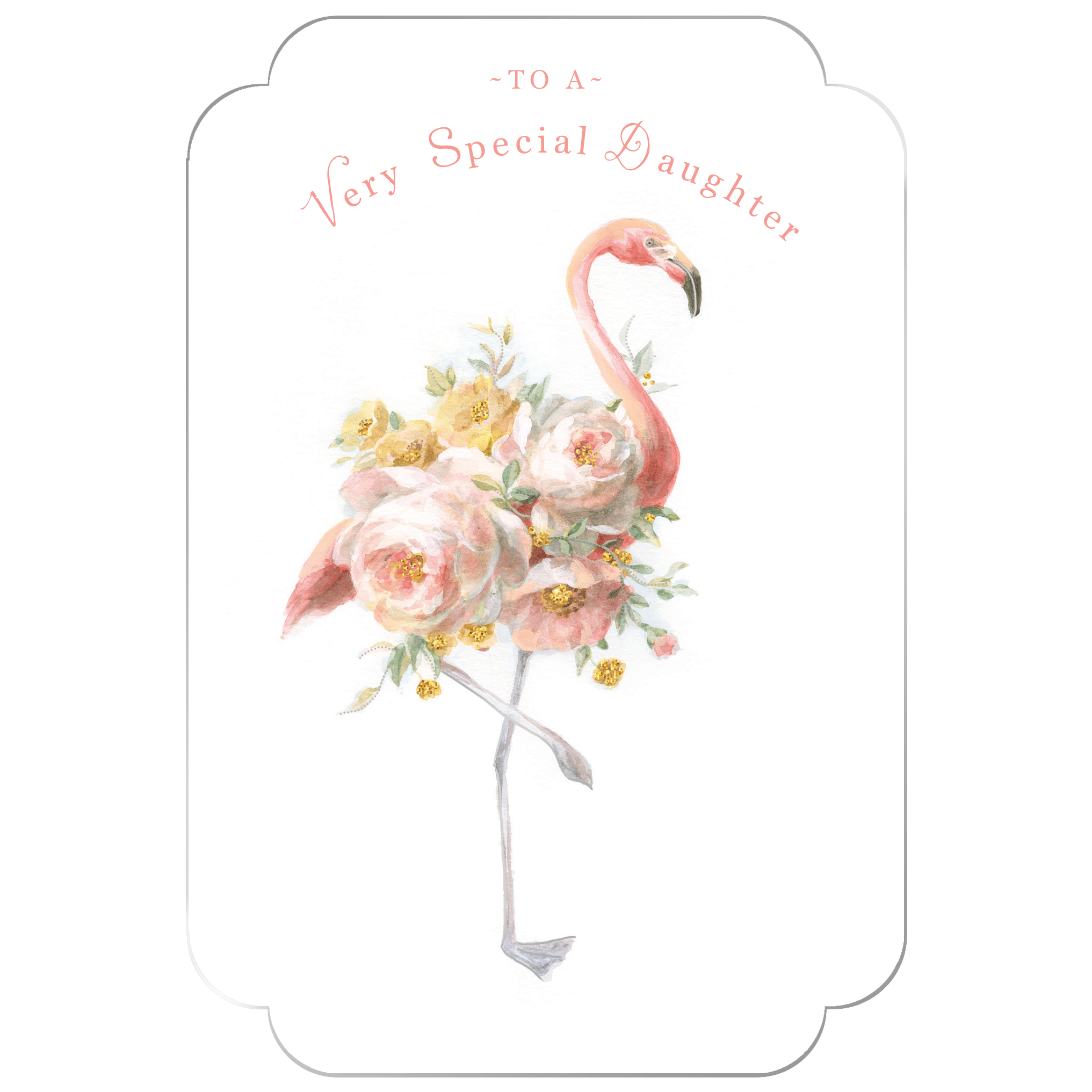 Floral flamingo birthday card for daughter by Pictura featuring colorful tropical flowers and a cheerful flamingo illustration.